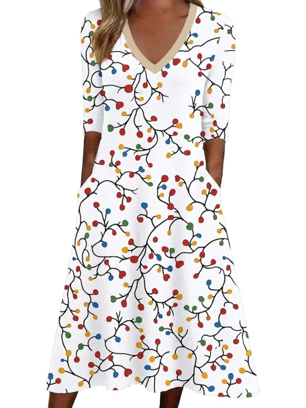 🎄Women's White Casual Thanksgiving Day V Fall 3/4 Sleeve Christmas Shirt Dress